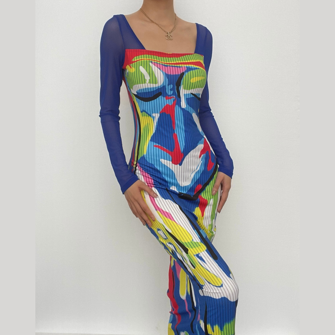 Abstract Print Ribbed Square Neck Mesh Long Sleeve Bodycon Maxi Dress