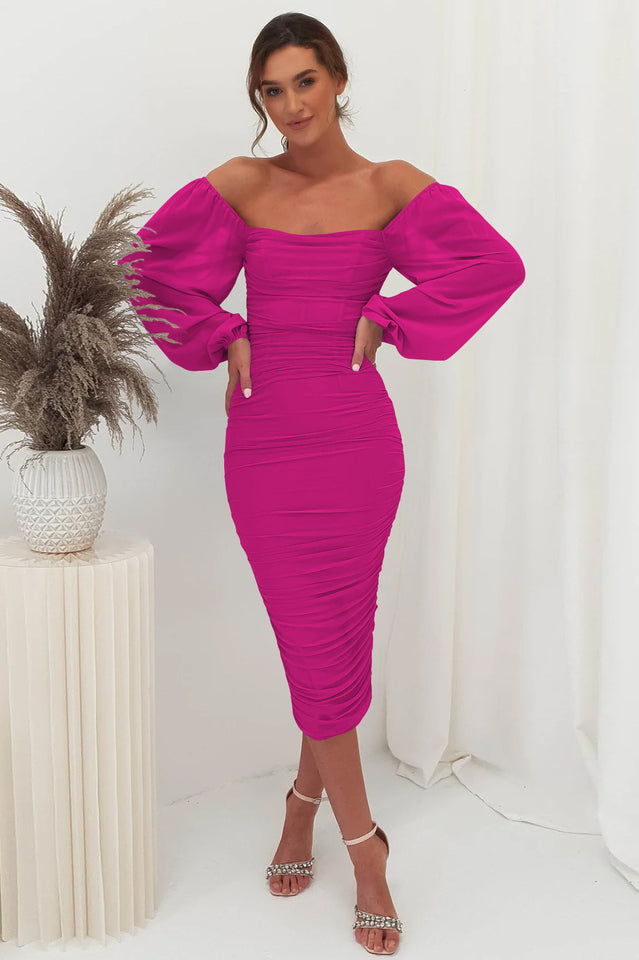 Square Neck Sheer Mesh Long Sleeve Ruched Bodycon Midi Dress 5