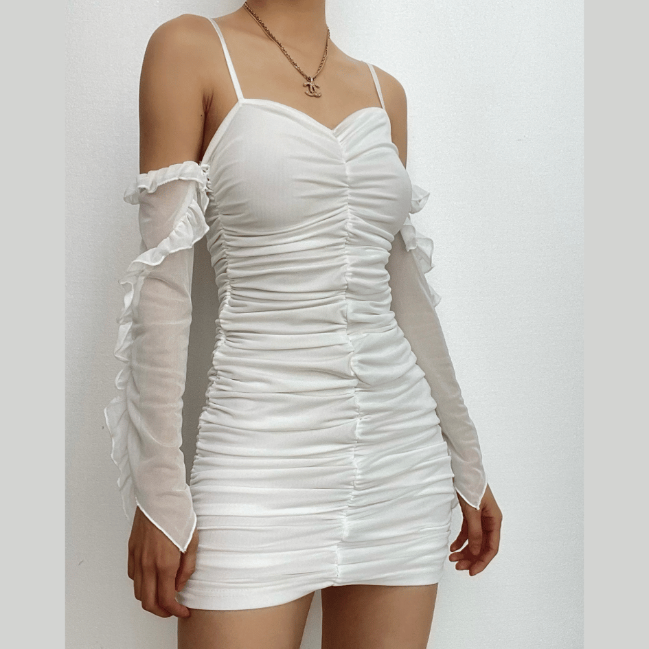 Solid ruched backless ruffle mesh mini dress 2