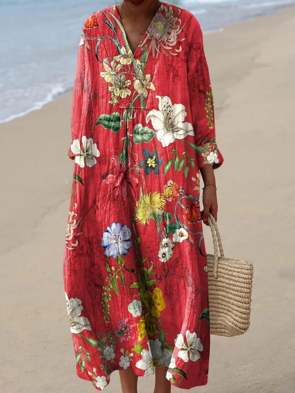 Floral V-Neck Long Sleeve Linen Look Maxi Dress