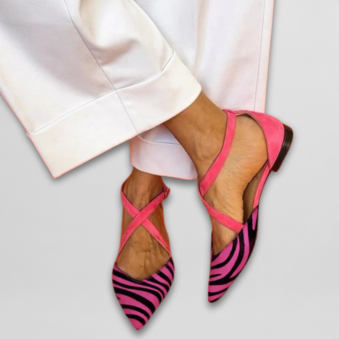 Zebra Print Pointed Toe Cross Strap Flats