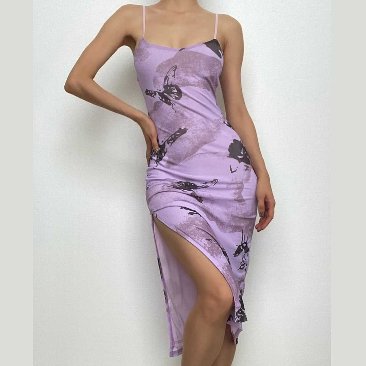 Butterfly Print Mesh Cami High Split Bodycon Midi Dress