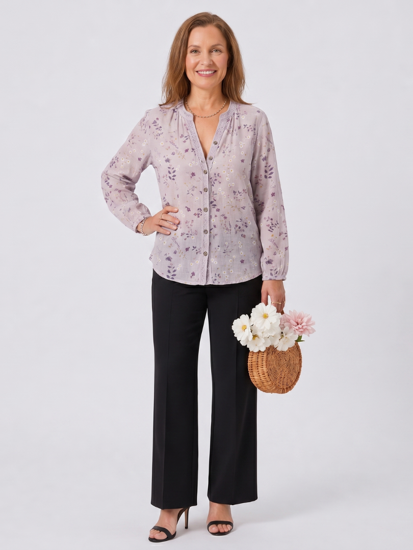 V-Neck Long Sleeve Floral Print Button Front Blouse