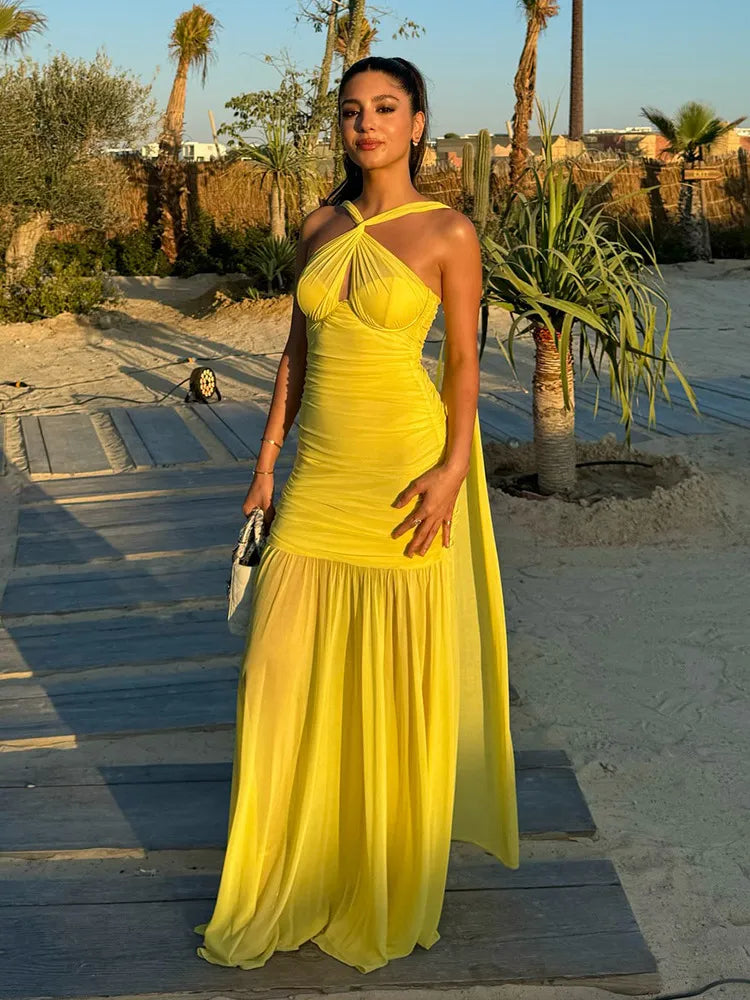 Sheer Mesh Asymmetric Halter Neck Ruched Bodice Mermaid Maxi Dress 13