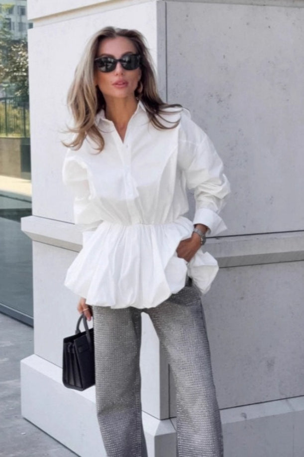 Collared Long Sleeve Bubble Hem Peplum Button Front Shirt 2