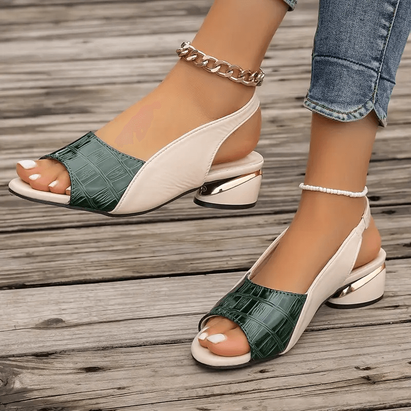 Open Toe Slingback Croc Embossed Block Heel Sandals