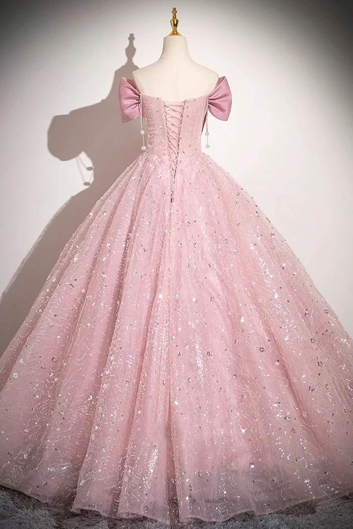 Cute Pink Tulle Sequins Long A-Line Ball Gown, Off Shoulder Sweet 16 Dress cc1732