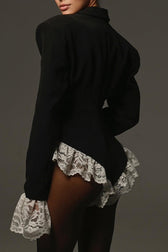 Lace Paneled Blazer Style V Neck Slim Bodysuit