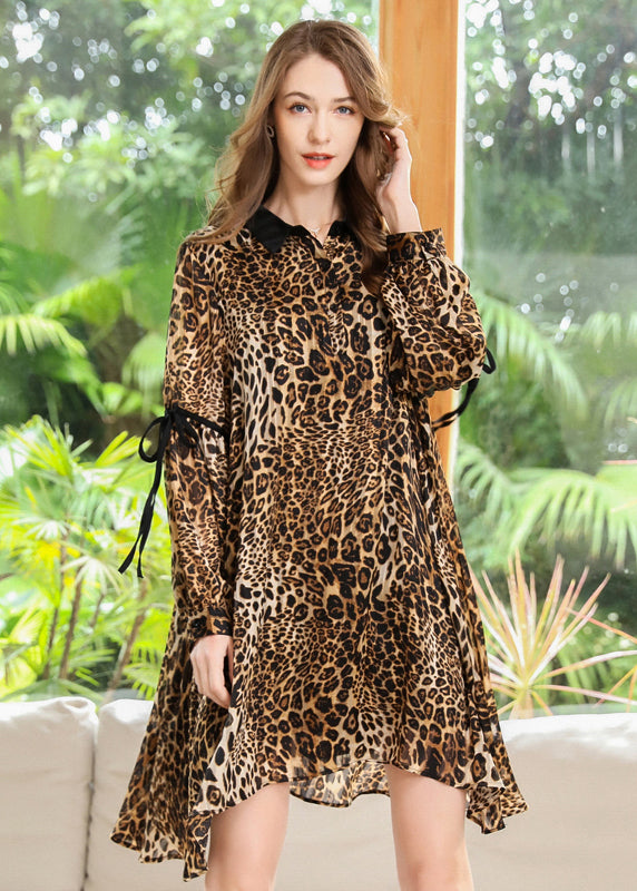 Animal Print Contrast Collar Bishop Sleeve Ribbon Tie Shirt Mini Dress
