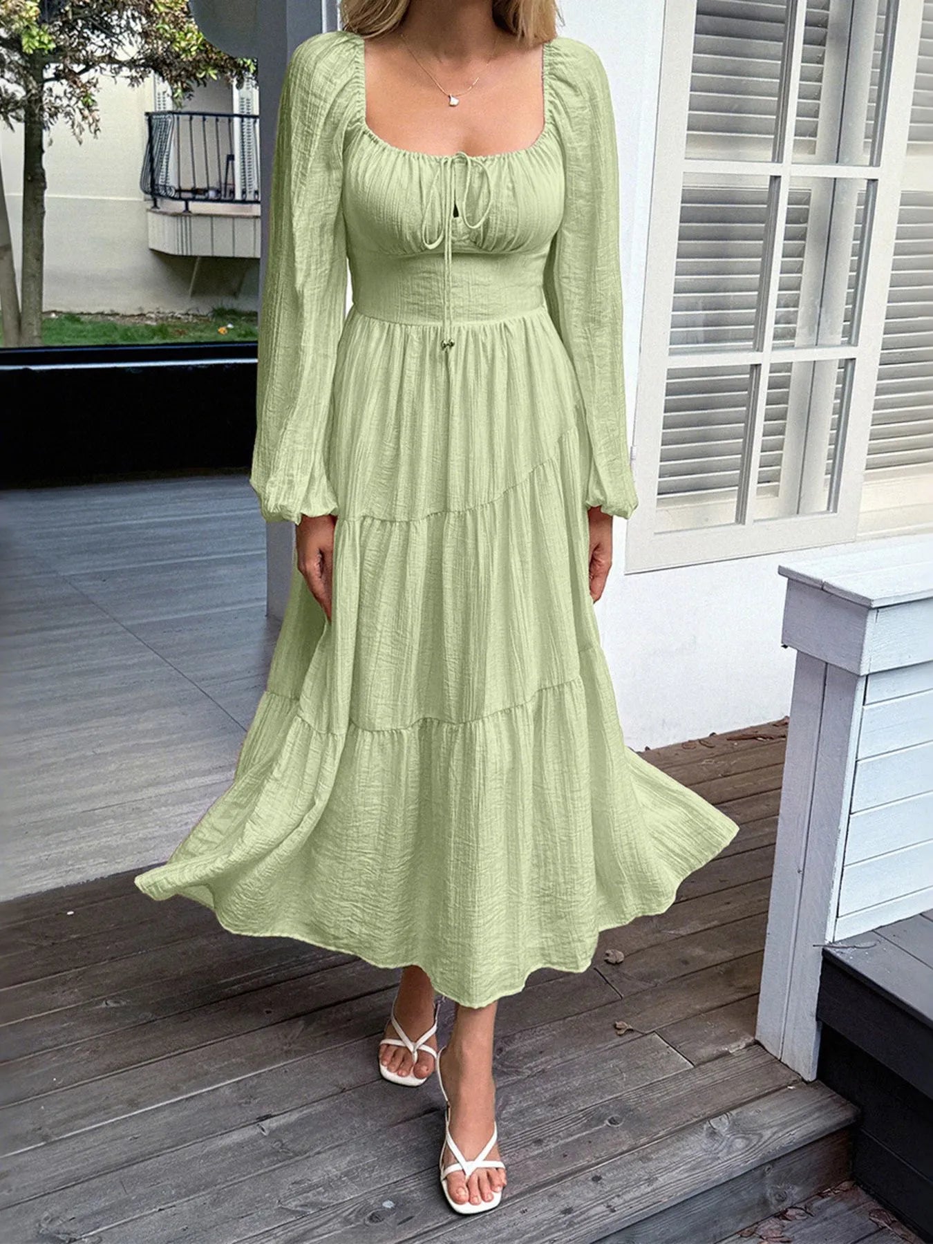 Tiered Balloon Sleeve Midi Dress – Elegant Long Sleeve Boho Dress for Women Green