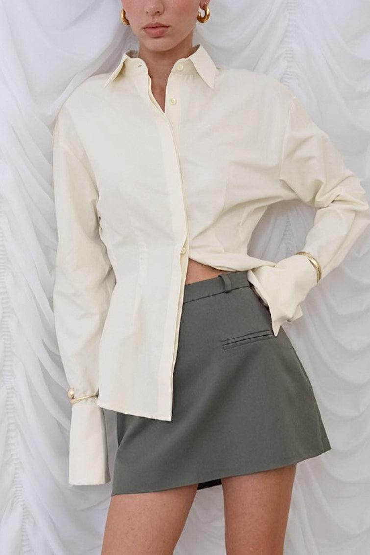 Collared Long Sleeve Darted Waist Wide Cuff Button Front Shirt 6