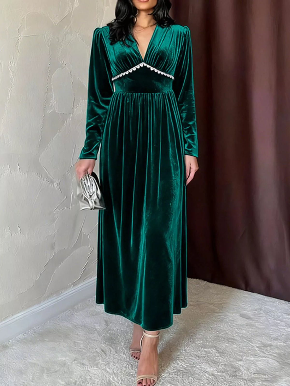 Velvet V-Neck Long Sleeve Lace Trim Empire Waist Maxi Dress