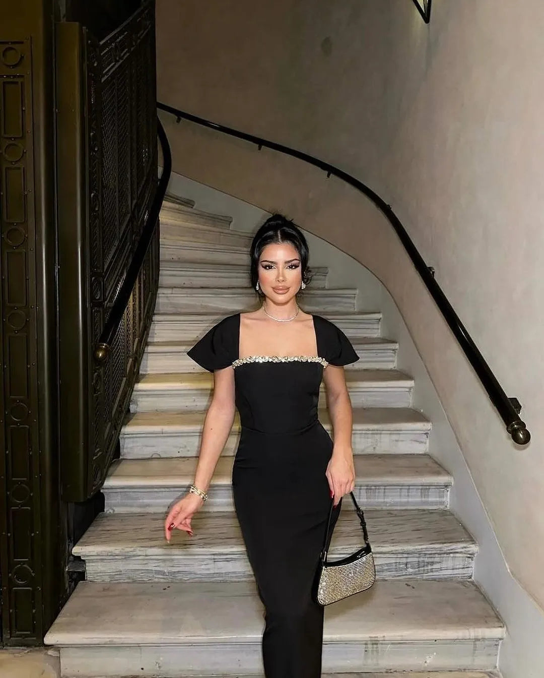 Rhinestone Trim Square Neck Cap Sleeve Bodycon Maxi Gown 7