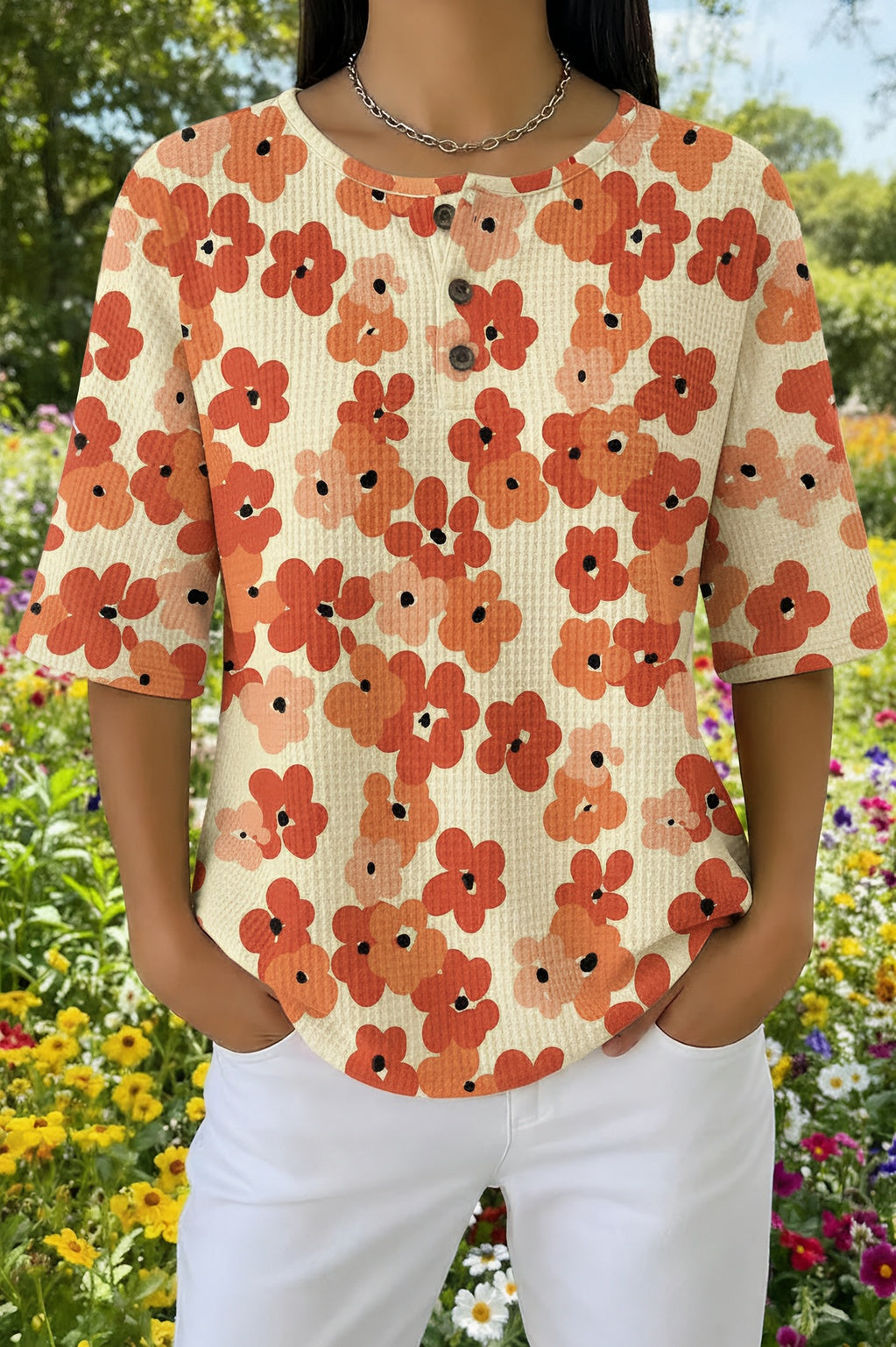 Floral Print Short Sleeve Waffle Knit Henley Top
