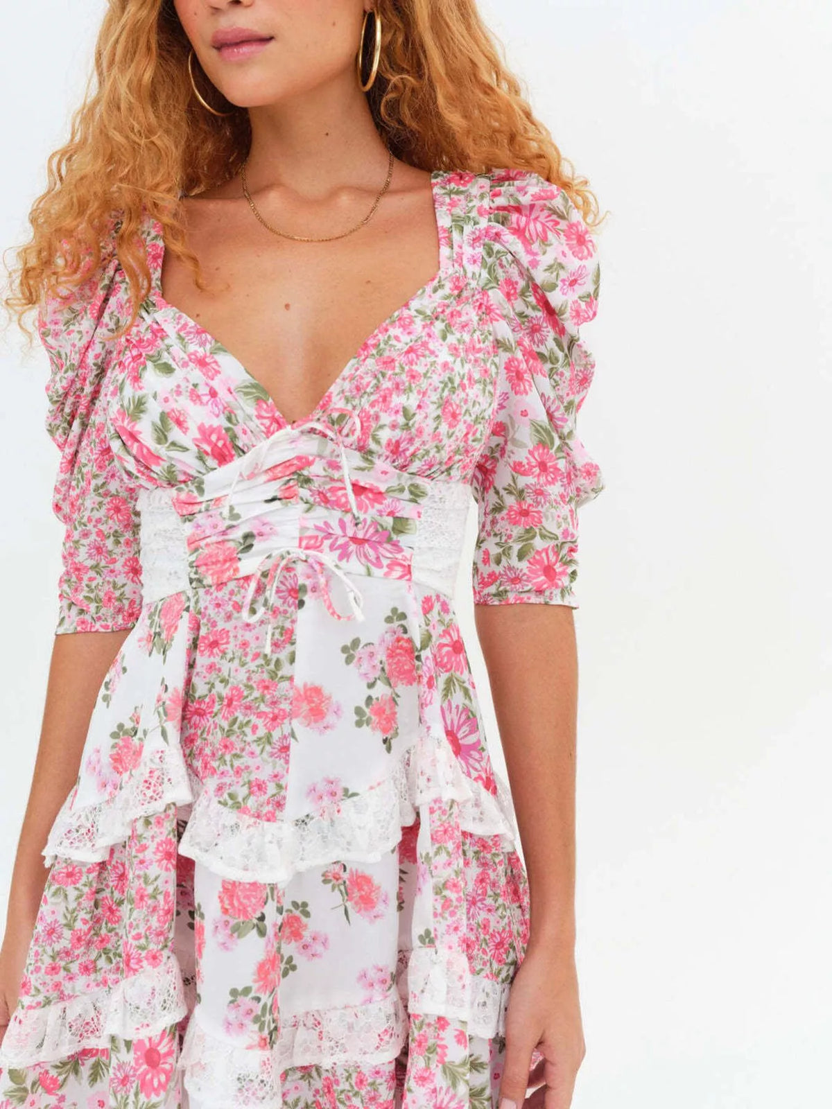 Floral Print Lace Trim Corset Waist Puff Sleeve Tiered Mini Dress 9