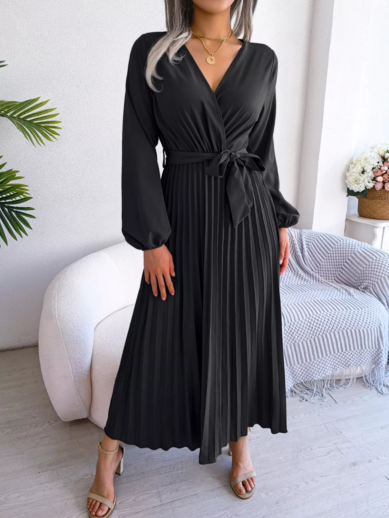 Elegant Pleated Front Tie Long Sleeve Dress Black