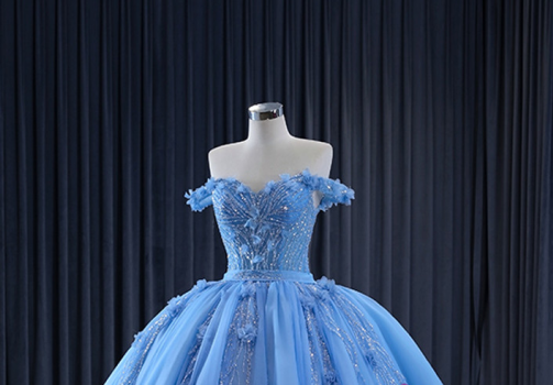 Glitter Blue Ball Gown Tulle Off the Shoulder Sequins Appliques Prom Dress  cc1724