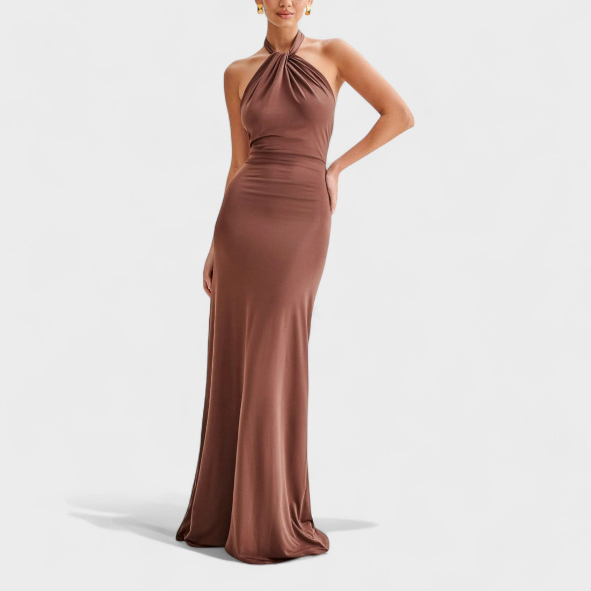 Twist Halter Neck Ruched Backless Maxi Dress