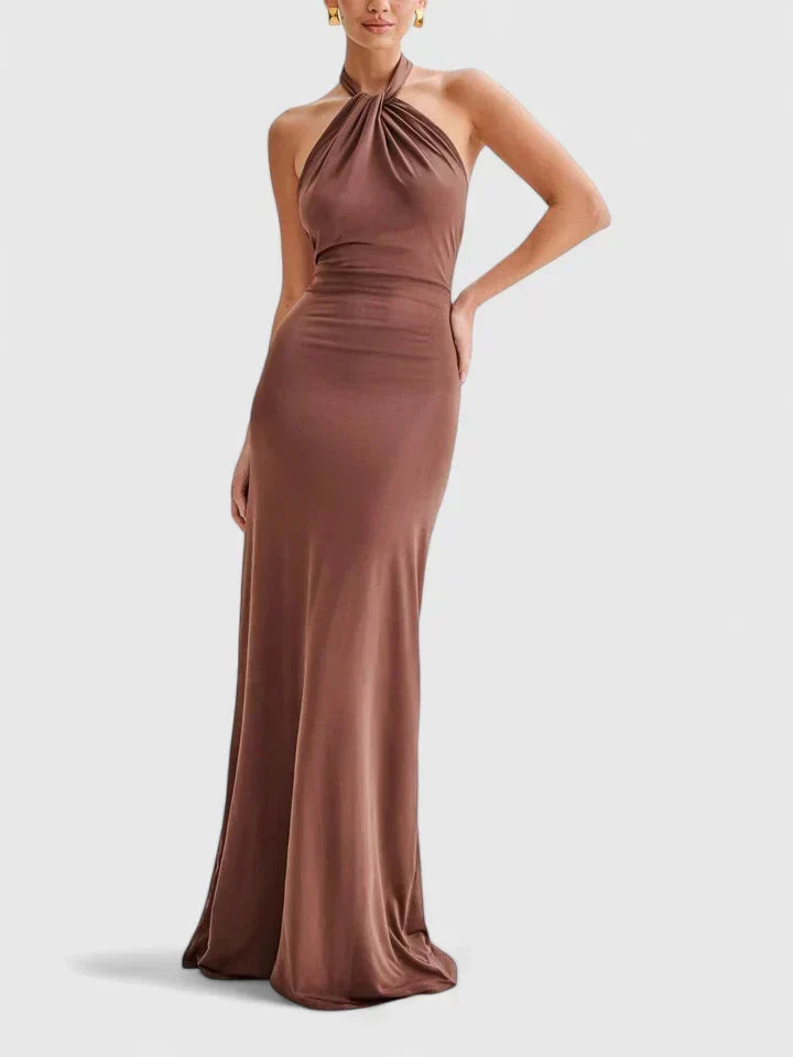 Twist Halter Neck Backless Floor Length Maxi Gown