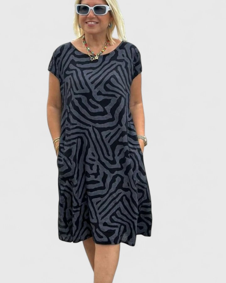Abstract Print Round Neck Cap Sleeve Pocket Shift Dress