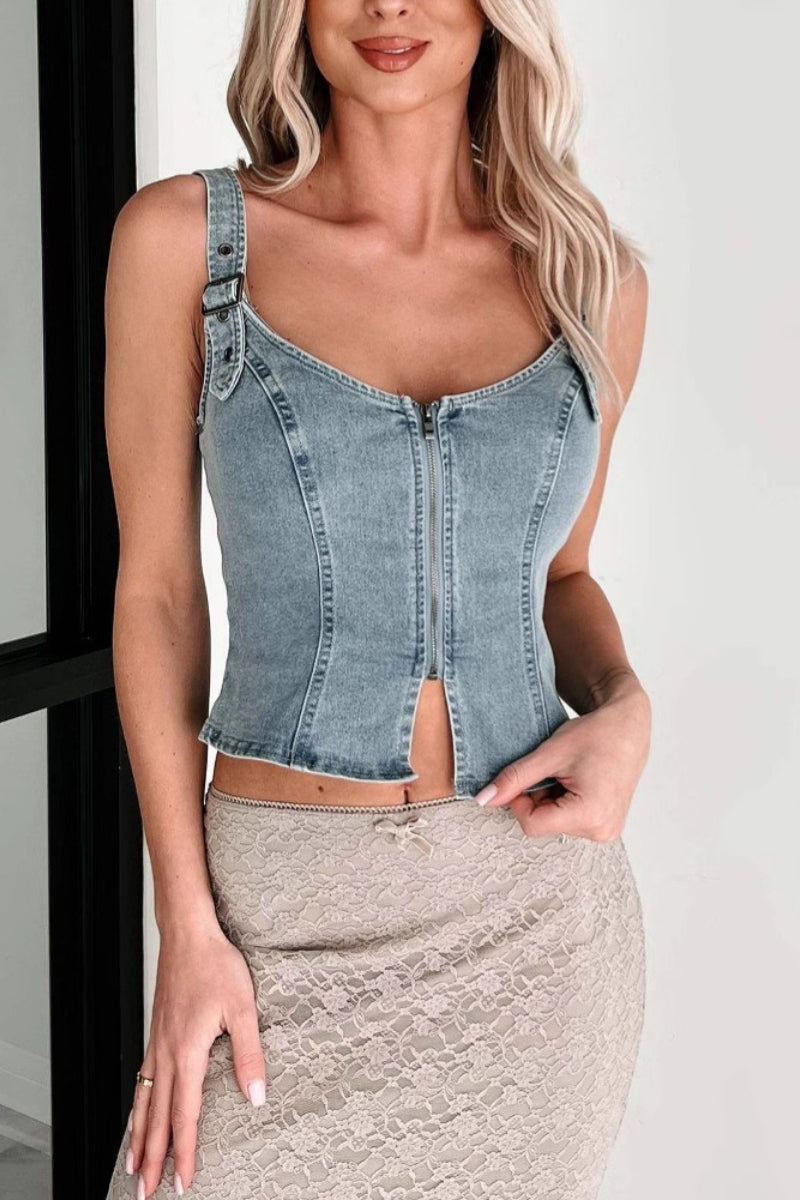 Denim Zip Front Sleeveless Tank Top