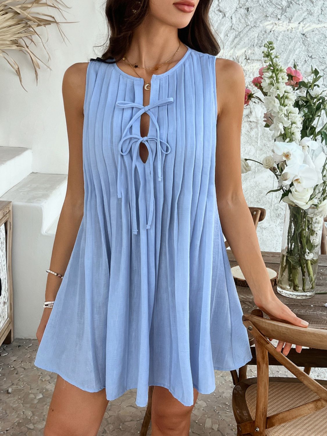 Pintuck Pleated Tie Front Keyhole Sleeveless Shift Mini Dress 5