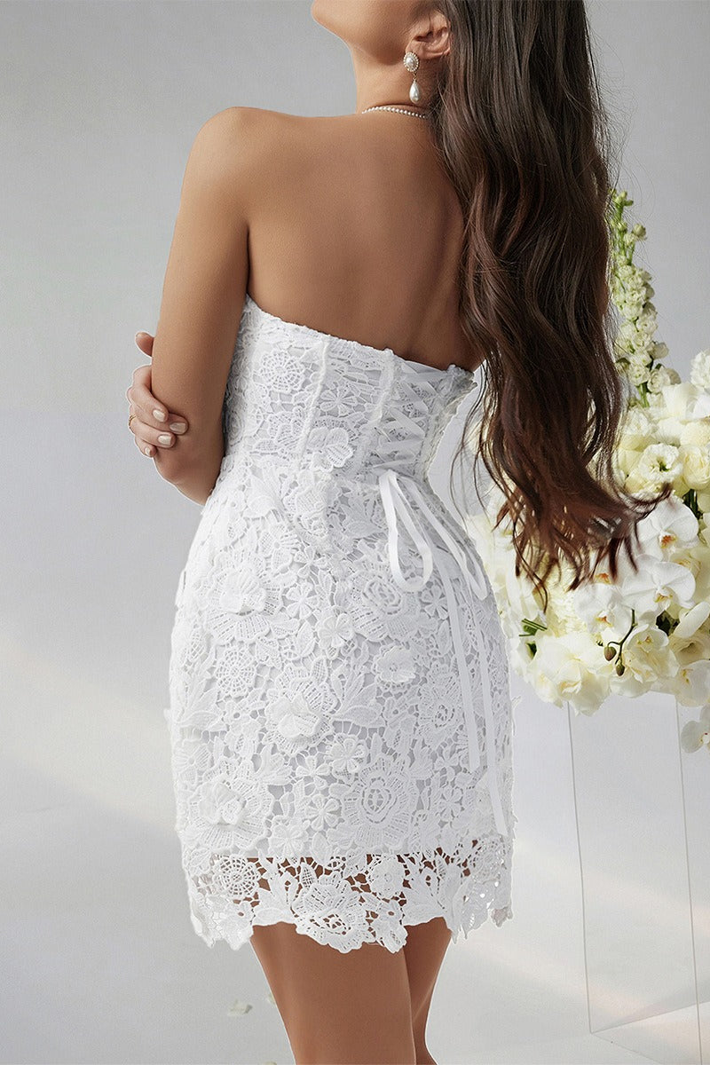 Lace Strapless Corset Bustier 3D Floral A-Line Pocket Cocktail Mini Dress