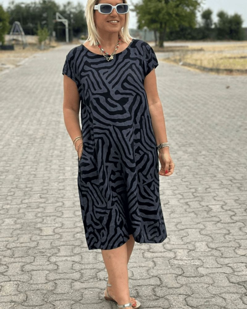 Abstract Print Short Sleeve Midi Dress with Pockets 4