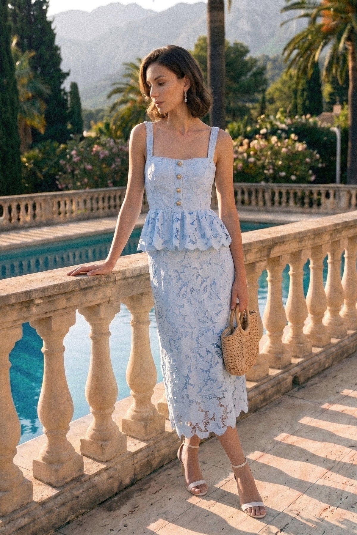 Square Neck Button Front Scallop Lace Peplum Midi Dress 2