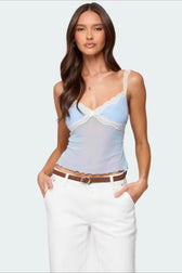 Sheer Mesh Lace Trim Halter Cami Top