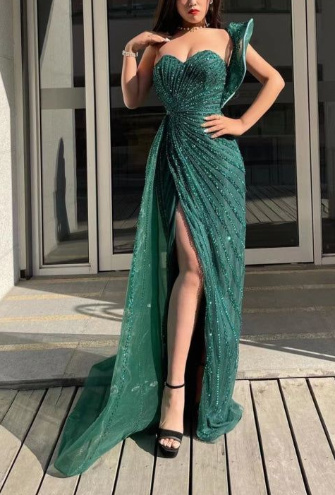 Emerald Green Sweetheart One-Shoulder Sequins Beading Evening Dress Mermaid Prom Dress With Split cc1634