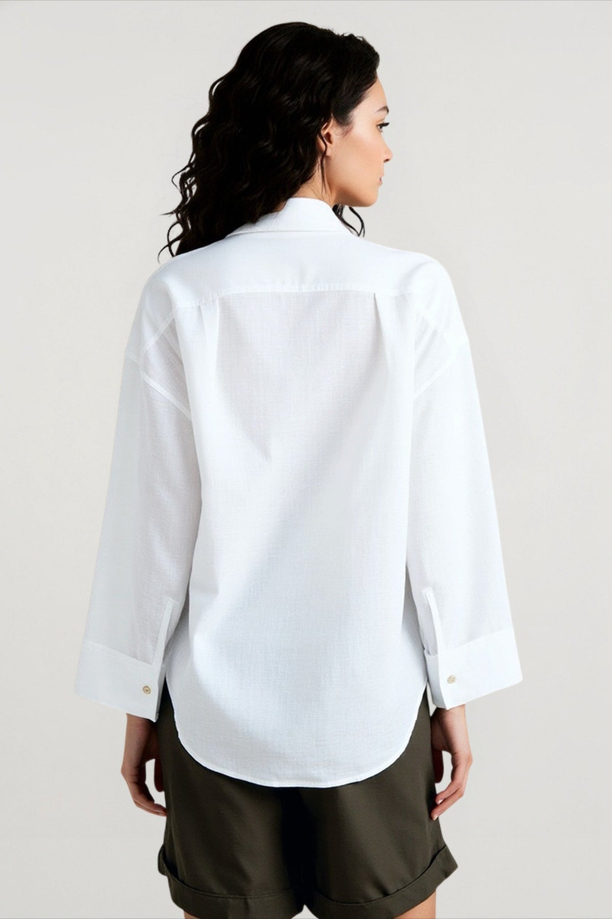 Collared Long Sleeve Wide Cuff Oversized Linen Look Button Down Shirt 3