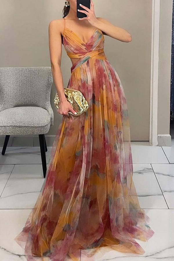 Floral Print Tulle V-Neck Spaghetti Strap High Split Maxi Gown