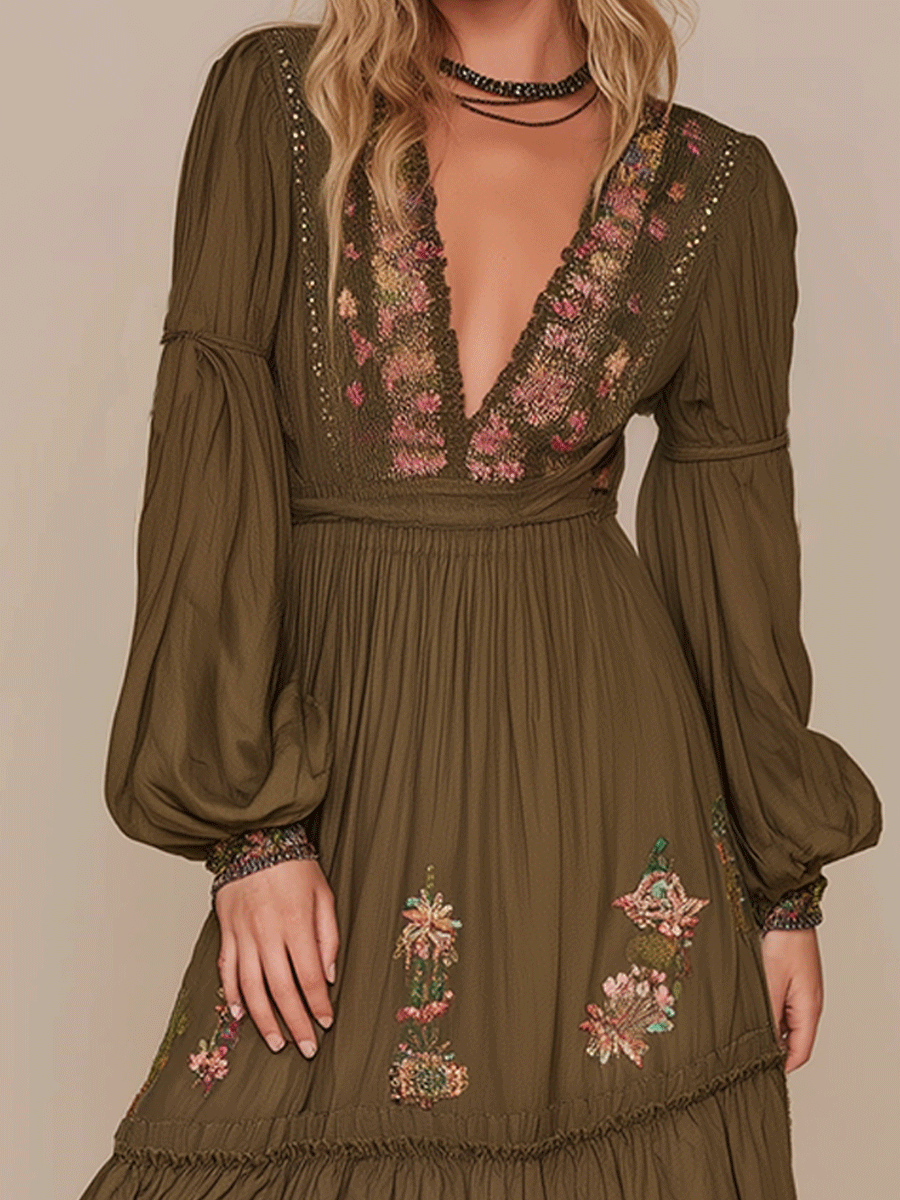 Elegance Floral Romance Olive Boho Maxi Dress - FashionAxe