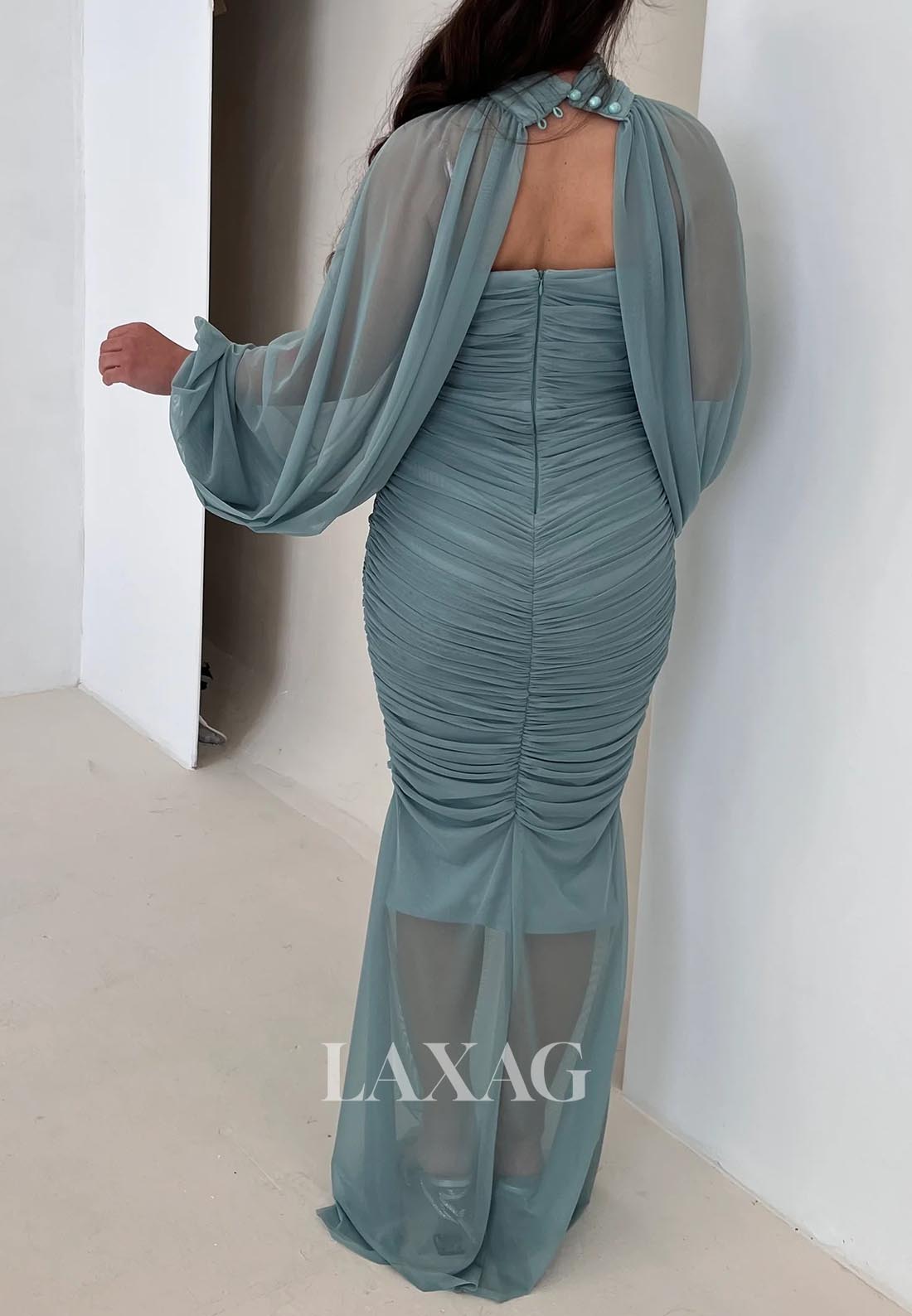 High-Neck Long-Sleeves Mermaid Evening Dress Pleated Sheer Tulle Floor-Length Formal Gowns