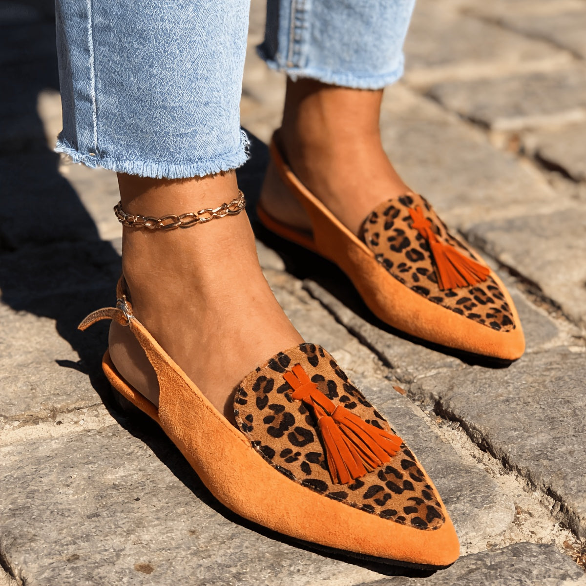 Leopard Print Pointed Toe Tassel Slingback Flats