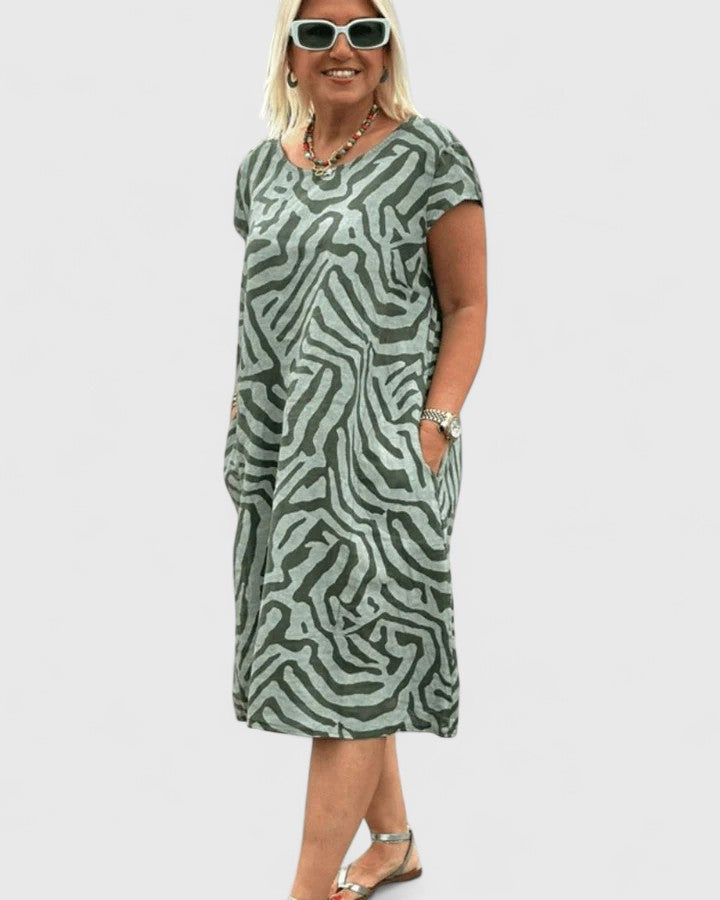 Abstract Print Round Neck Cap Sleeve Pocket Shift Dress