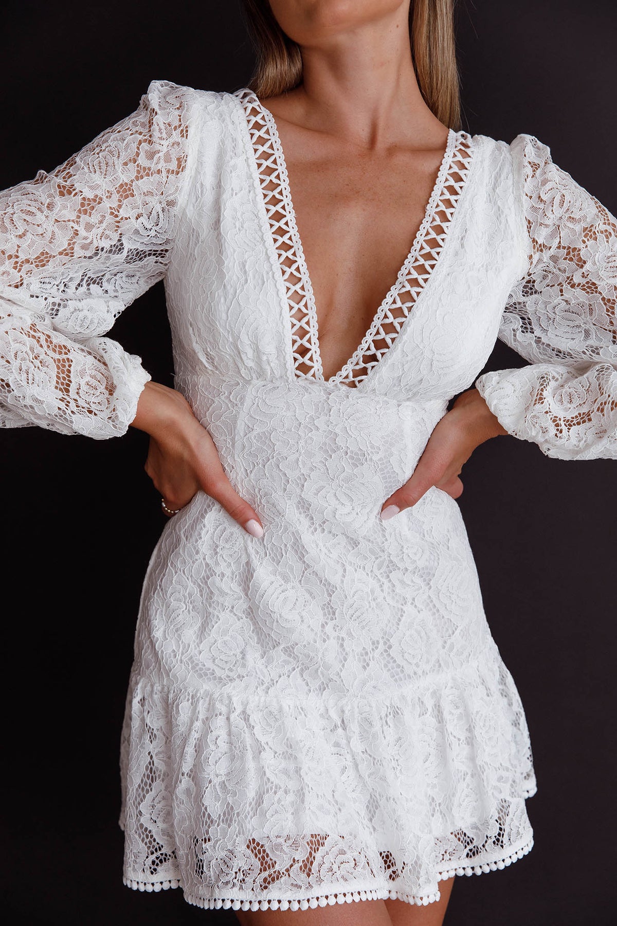 Lace Plunge V-Neck Balloon Sleeve Ruffle Hem Mini Dress 4