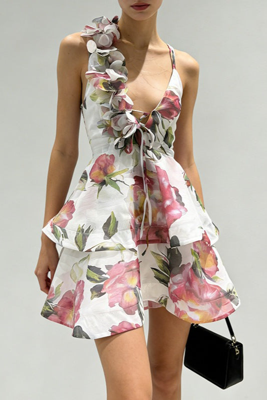 Floral Deep V-Neck Spaghetti Strap Tiered Ruffle Corset Mini Dress