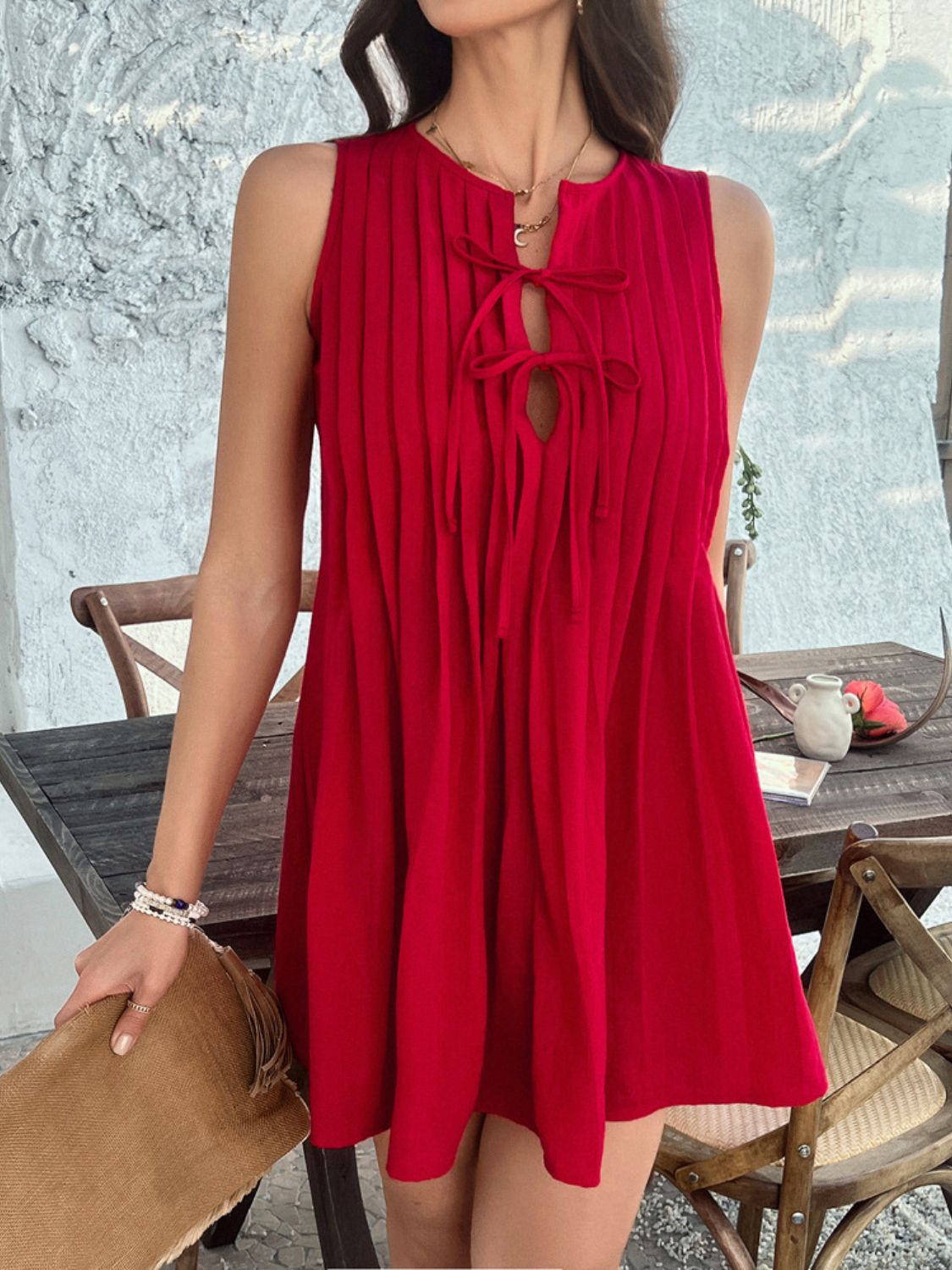 Pintuck Pleated Tie Front Keyhole Sleeveless Shift Mini Dress 14
