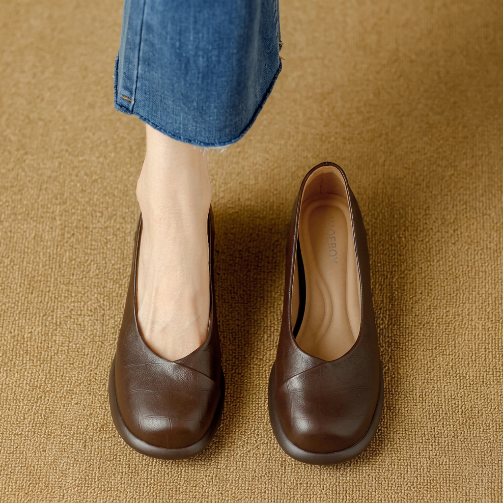 Round Toe Slip On Chunky Block Heel Pumps