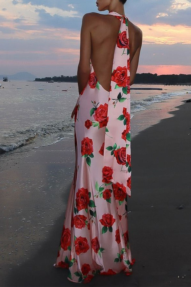 Printed Edition Halter Backless Maxi Silk Dress