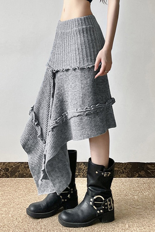 Knit Asymmetric Hem High Waist Midi Skirt