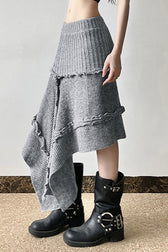 Knit Asymmetric Hem High Waist Midi Skirt