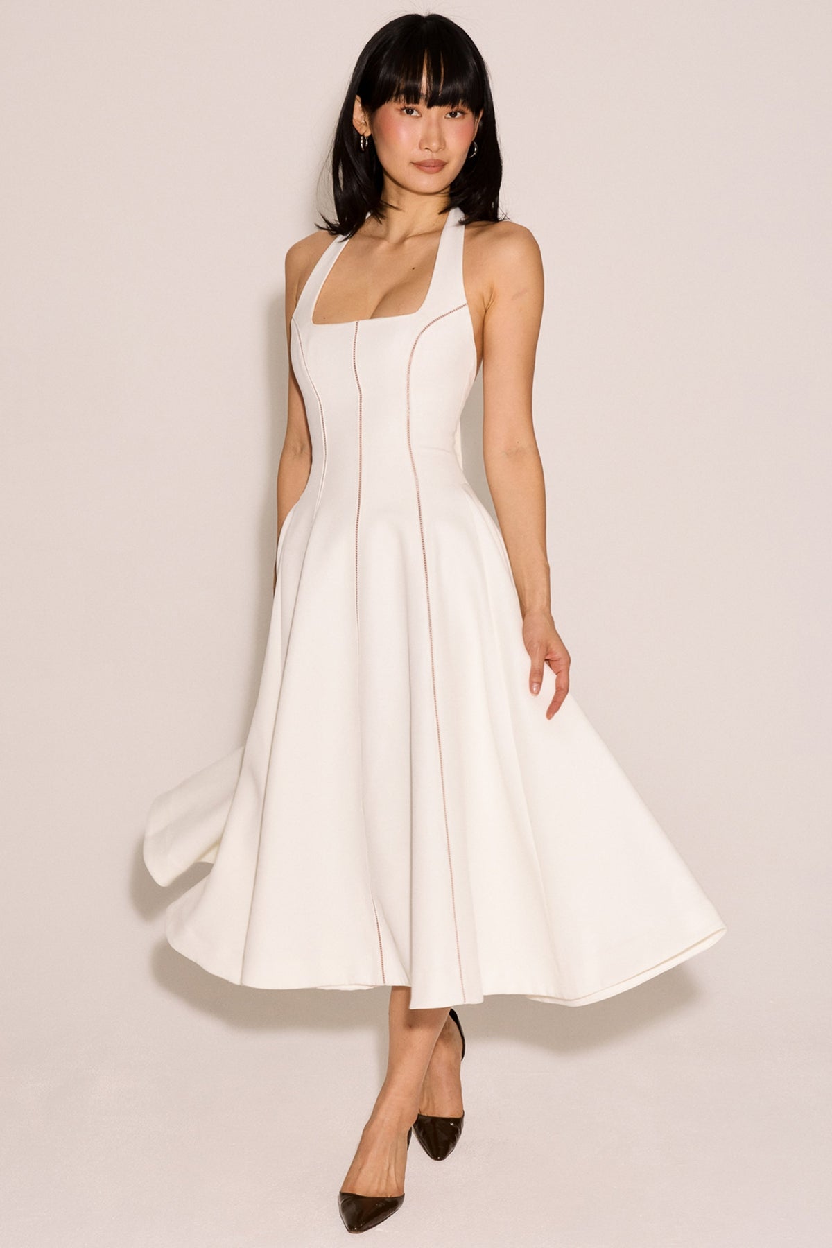 Square Neck Halter Contrast Seam Fit and Flare Midi Dress 8
