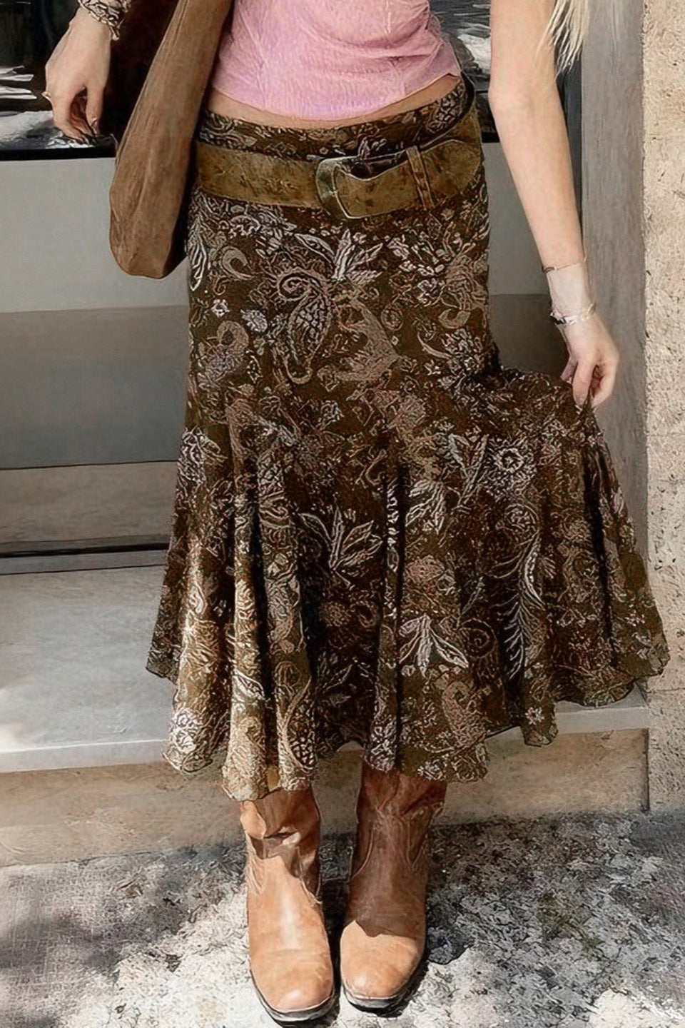 Paisley Floral Print Godet Flounce Hem Mermaid Midi Skirt