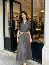 V-Neck Short Sleeve Crinkle Loose Maxi Dress 19