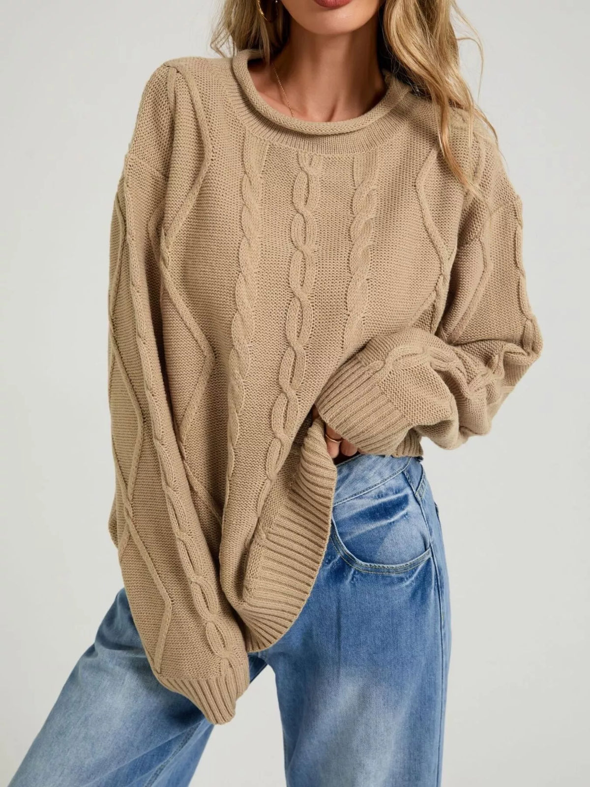 Crew Neck Long Sleeve Cable Knit Side Slit Oversized Sweater 11