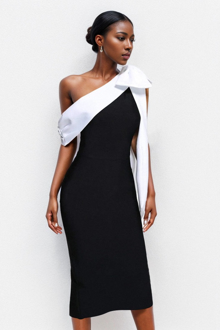 Bandage Off Shoulder Color Block Bow Detail Bodycon Midi Cocktail Dress