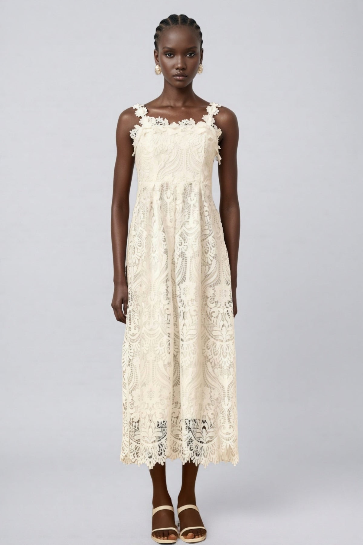 Lace Floral Applique Strap Scalloped Hem A-Line Midi Dress 2